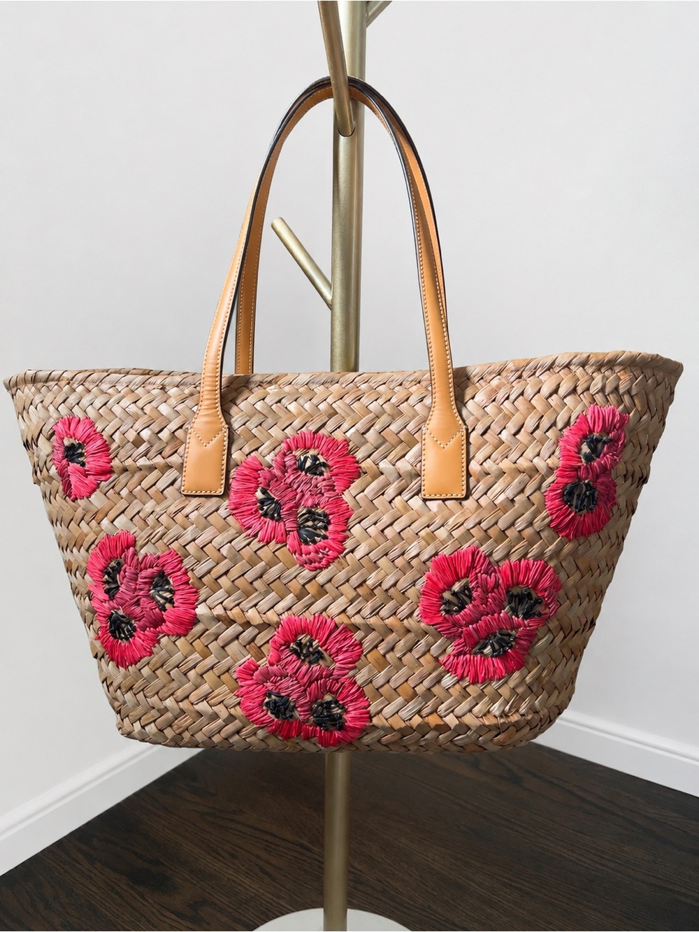 Frances Valentine Floral Straw Tote Beach Bag Leather Trim Pink Raffia - Picture 3 of 16